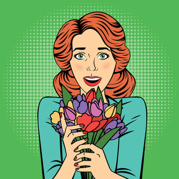 Pop Art Beautiful Woman With Bunch Of Flowers