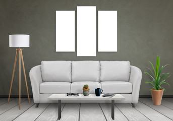 Isolated three wall art canvas. Sofa, lamp, plant and table in room interior.