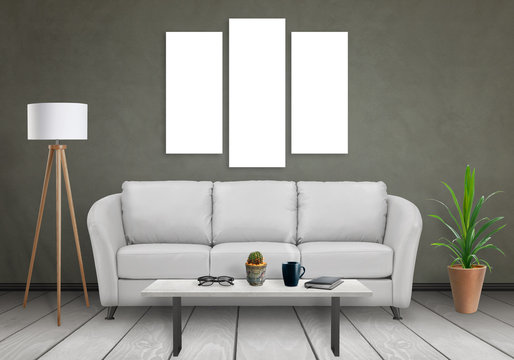 Isolated three wall art canvas. Sofa, lamp, plant and table in room interior.