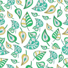 
Vector seamless pattern of leaf decorative graphic. Different colored hand drawn leaves. Vector illustration of textile graphic. Seamless background