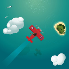 Vector illustration of airplane flying over tropical sea on top view © TheSouthernDragon