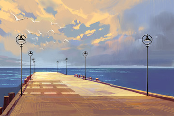 Obrazy  most do morza na tle pięknego nieba, malarstwo ilustracyjne
