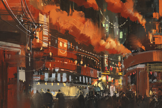 sci-fi scene showing cyberpunk cityscape,illustration