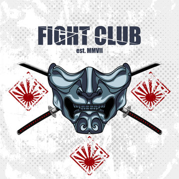 Fight club emblem with samurai half mask and katanas