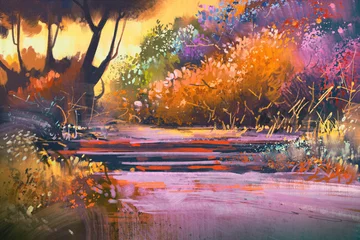 Crédence de cuisine en verre imprimé Marron profond paysage avec des arbres colorés en forêt, peinture d& 39 illustration