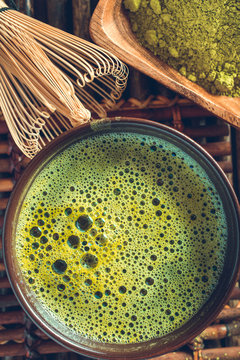 Organic green matcha tea closeup