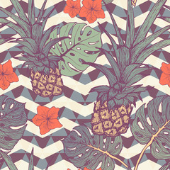 Seamless pattern with pineapple and tropical leaves in vector
