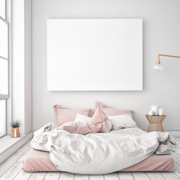 mock up blank poster on the wall of bedroom, 3D illustration background