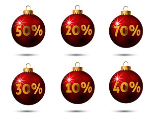  vector illustration set of Christmas balls with text of percent sale in red and gold