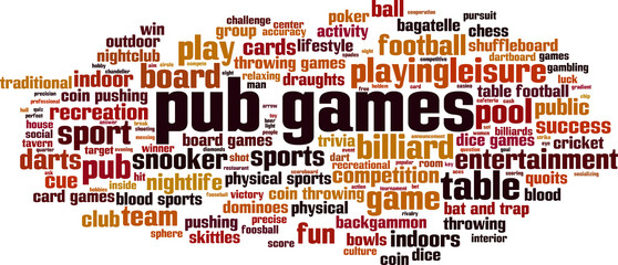 Pub games word cloud concept. Vector illustration
