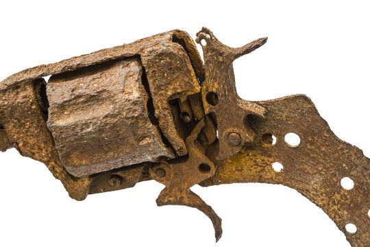 Old rusty pistol close-up, Isolated on white background