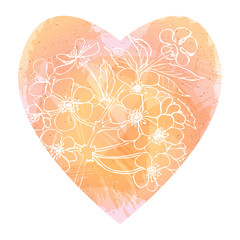 Spring time, sakura blooming. Heart shape filled with watercolor imitation. Cherry blossoms on tender background 