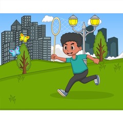 Children catching a butterfly at the park cartoon