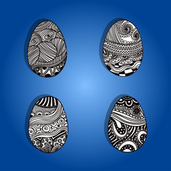 Vector Artistic Illustration Set with a Blue Gradient, Black and White Hand Drawn Floral Abstract Background and Easter Eggs in Line Art, Coloring Page