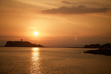 Mt.Fuji and Enoshima at sunset time 