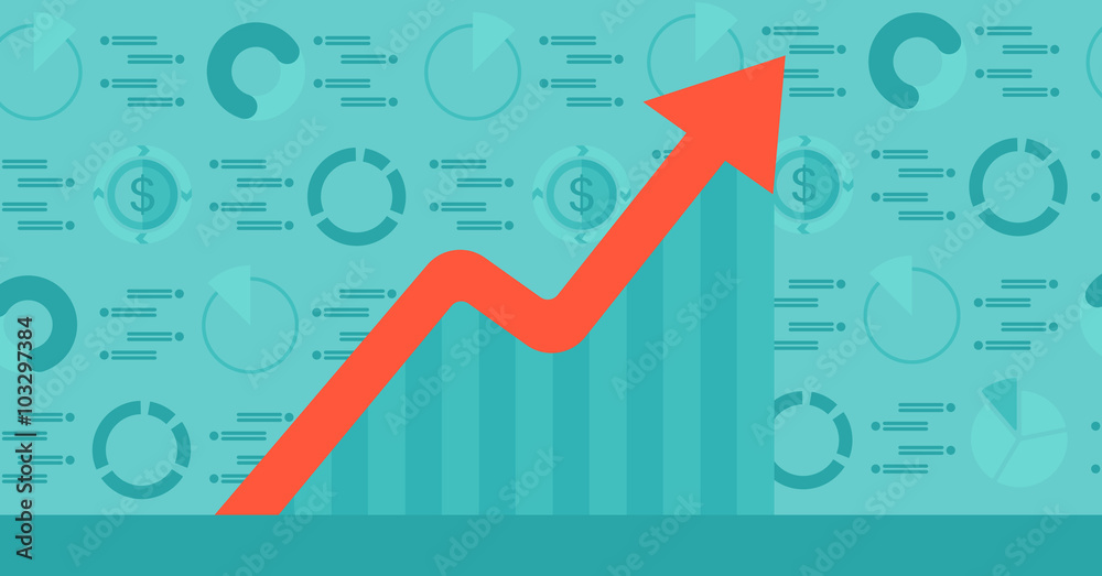 Poster background of graph with rising up arrow and dollar symbols.