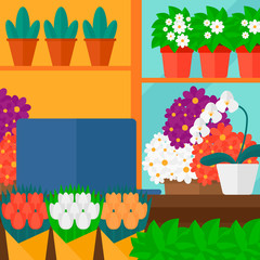 Background of flower shop. - obrazy, fototapety, plakaty