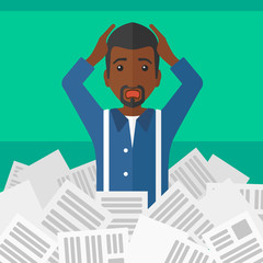 Man in stack of newspapers.