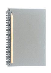 Wire bound or spiral bound sketchbook made from grey board and wood pencil isolated on white background.