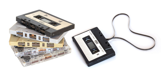 group of Old cassette tapes on white background