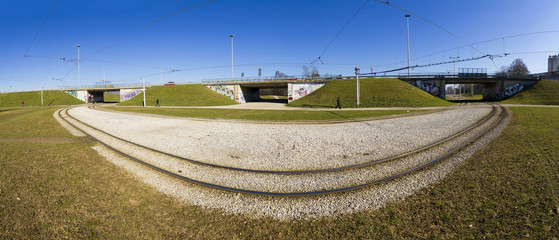 Tramway rails in side a big roundabout in Zagreb - obrazy, fototapety, plakaty
