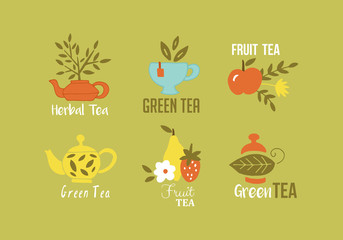 Green tea, herbal tea and fruit tea hand drawing logo design. Is
