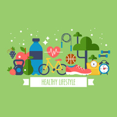 Healthy lifestyle concept with food and sport icons