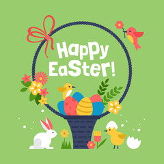 Easter holiday basket with eggs and easter bunny. Creative easte