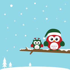 Cute Christmas Owls sitting on the branch. Merry Christmas card wearing Santa Claus's hat. Flat design.