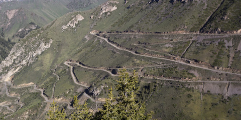 Serpentine road in the mountains of Kyrgyzstan