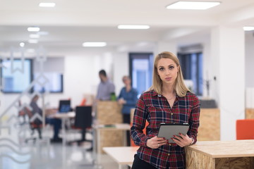 portrait of young business woman at office with team in backgrou