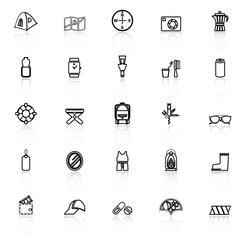 Camping necessary line icons with reflect on white background