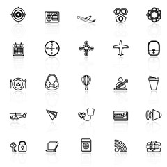 Air transport related line icons with reflect on white