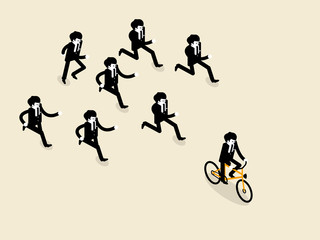 beautiful concept design of business success in isometric style, business man biking bicycle is ahead of the group of business man those are running follow