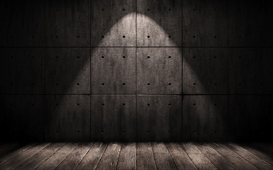 grunge industrial background, a dark underground room with walls of concrete and wooden floor