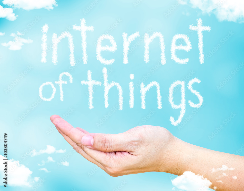 Poster Internet of things (not) word floating on open hand with light b