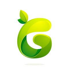G letter with green leaves eco logo, volume icon.