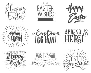 Fototapeta premium Easter wishes overlays, lettering labels design set. Retro holiday easter badges. Handdrawn emblem with ribbon. Isolated. Religious holiday sign or logo. Easter photo overlays design for web, print
