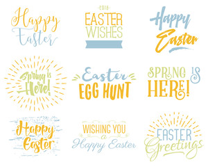 Easter wishes overlays, lettering labels design set. Holiday easter badges. Hand drawn emblems. Isolated. Religious holiday sign or logo. Easter photo overlays design for web, print. Pastel Palette