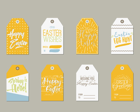 Set of Happy Easter Gift Tags with Ink Lettering signs, Overlay labels Black, white and gold palette. Perfect for Easter presents and gifts. Vector easter emblems. Pastel Colors