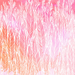 pattern of red pink leaves, grass, feathers, watercolor abstract background, vector illustration