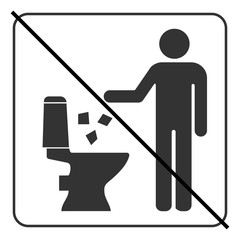 Do not litter in toilet icon. Keep clean sign. Silhouette of a man, throw garbage in a bin, in square isolated on white background. No littering warning symbol. Public Information. Vector illustration