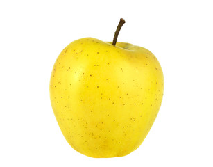 Yellow apple with stalk on white background