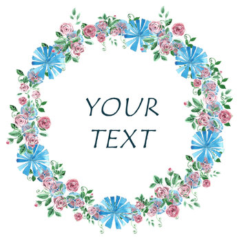 Hand drawn watercolor floral wreath for design, invitation, greeting card, wedding invitation.