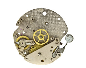 Clock mechanism with gears isolated on white background, close u