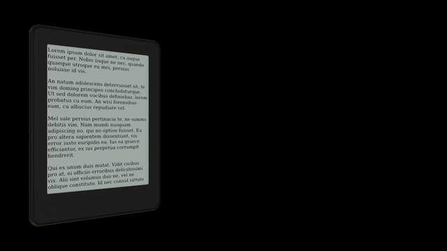 ebook reader that comes toward the camera and moves to the left of the screen, automatic scrolling page, alpha mask (3d render)