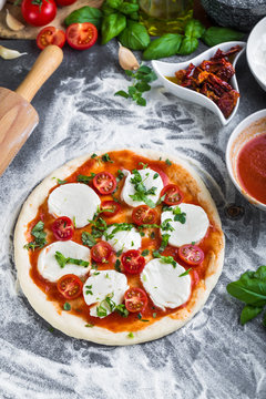 Prepering margherita pizza with mozzarella for baking