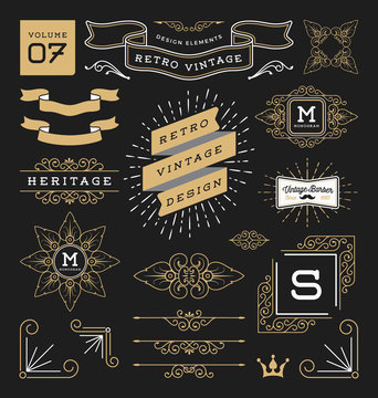 Set of retro vintage graphic design elements. Sign, frame labels, ribbons, logos symbols, crowns, corner, flourishes line and ornaments. Vector illustration