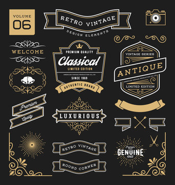 Set of retro vintage graphic design elements. Sign, frame labels, ribbons, logos symbols, crowns, corner, flourishes line and ornaments. Vector illustration