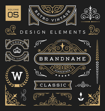 Set of retro vintage graphic design elements. Sign, frame labels, ribbons, logos symbols, crowns, flourishes line and ornaments. Vector illustration